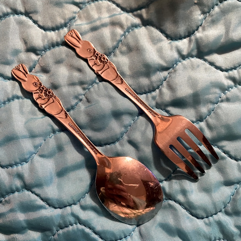 Children’s 1990’s Bunny spoon and fork pair Vintage